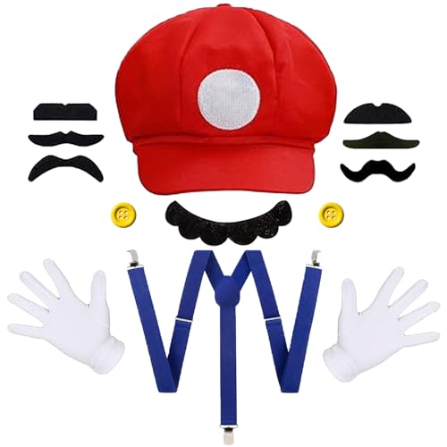 KEELYY Mari Kostüm Accessories Set, Rot Mütze Handschuhe Bart gelbe Knöpfe für Kinder Damen Herren Cosplay Fasching Karneval Halloween Mottoparty KEELYY Mari Kostüm Accessories Set, Rot Mütze Handschuhe Bart gelbe Knöpfe für Kinder Damen Herren Cosplay Fasching Karneval Halloween Mottoparty von KEELYY