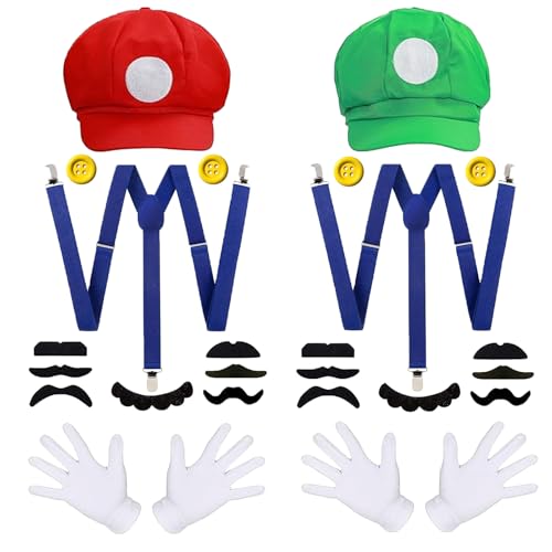 KEELYY Mari Kostüm Accessories Set, Rot und Grün Mütze Handschuhe Bart gelbe Knöpfe für Kinder Damen Herren Cosplay Fasching Karneval Halloween Mottoparty KEELYY Mari Kostüm Accessories Set, Rot und Grün Mütze Handschuhe Bart gelbe Knöpfe für Kinder Damen Herren Cosplay Fasching Karneval Halloween Mottoparty von KEELYY