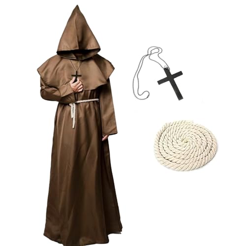 KEELYY Mönch Robe Priester Kostüm Herren Halloween Kostüm mit Kapuze und Kreuz, Mönch Priester Gewand Männer Mönchskutte für Halloween, Karneval, Mittelalterliche, Renaissance,Braun-M KEELYY Mönch Robe Priester Kostüm Herren Halloween Kostüm mit Kapuze und Kreuz, Mönch Priester Gewand Männer Mönchskutte für Halloween, Karneval, Mittelalterliche, Renaissance,Braun-M von KEELYY