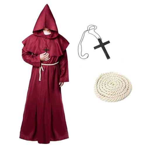 KEELYY Mönch Robe Priester Kostüm Herren Halloween Kostüm mit Kapuze und Kreuz, Mönch Priester Gewand Männer Mönchskutte für Halloween, Karneval, Mittelalterliche, Renaissance,Rot-M KEELYY Mönch Robe Priester Kostüm Herren Halloween Kostüm mit Kapuze und Kreuz, Mönch Priester Gewand Männer Mönchskutte für Halloween, Karneval, Mittelalterliche, Renaissance,Rot-M von KEELYY