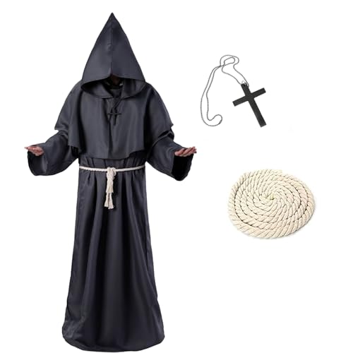 KEELYY Mönch Robe Priester Kostüm Herren Halloween Kostüm mit Kapuze und Kreuz, Mönch Priester Gewand Männer Mönchskutte für Halloween, Karneval, Mittelalterliche, Renaissance,Schwarz-M KEELYY Mönch Robe Priester Kostüm Herren Halloween Kostüm mit Kapuze und Kreuz, Mönch Priester Gewand Männer Mönchskutte für Halloween, Karneval, Mittelalterliche, Renaissance,Schwarz-M von KEELYY