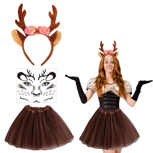 KEELYY Rentier Kostüm Damen Tüllrock Braun mit Haarreif Geweih und Rentier Gesicht Tattoos, Reh Kostüm Tierkostüm für Fasching Karneval Weihnachten Mottoparty Cosplay KEELYY Rentier Kostüm Damen Tüllrock Braun mit Haarreif Geweih und Rentier Gesicht Tattoos, Reh Kostüm Tierkostüm für Fasching Karneval Weihnachten Mottoparty Cosplay von KEELYY