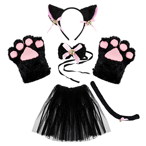 KEESIN Katze Cosplay Set,Kostüm Katze Katzen Kostüm Set Plüsch Klaue Handschuhe Katze Kätzchen Ohren Schwanz mit Tutu-Rock für kinder damen katzenkostüm erwachsene für Karneval Party(Schwarz) von KEESIN