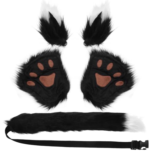 KEESIN 5PCS Kunstpelz Tierische Kleidung, Cosplay Kostüme, Wolf kostüm, Fuchs kostüm, Furry kostüm, Ohren, Schwanz, Handschuhe, Kinderkostüme, Erwachsene Kostüme, für Karneval (Schwarz) von KEESIN