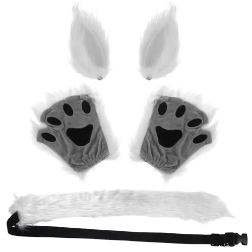 KEESIN 5PCS Kunstpelz Tierische Kleidung, Cosplay Kostüme, Wolf kostüm, Fuchs kostüm, Furry kostüm, Ohren, Schwanz, Handschuhe, Kinderkostüme, Erwachsene Kostüme, für Karneval (Weiß) von KEESIN