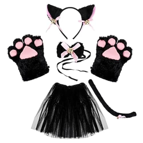 KEESIN Cosplay Tierkostüme, Katzenkostüm, Katzenpfotenhandschuhe, Katzenohren, Katzenschwanz, Katzenkostüm kinder für Fasching und Abschlussball (Schwarz) von KEESIN