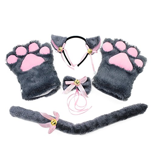 KEESIN Katze Cosplay Set, Katzenkostüm, Katzenpfoten-Handschuhe, Katzenohren, Katzenschwanz, Katzenkostüm Kinder, Katzenkostüm Damen für Karneval (Grau) von KEESIN