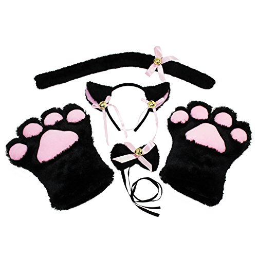 KEESIN Katze Cosplay Set, Katzenkostüm, Katzenpfoten-Handschuhe, Katzenohren, Katzenschwanz, Katzenkostüm Kinder, Katzenkostüm Damen für Karneval (Schwarz) von KEESIN