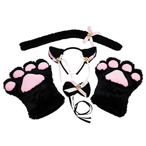 KEESIN Katze Cosplay Set,Kostüm Katze Katzen Kostüm Set Plüsch Klaue Handschuhe Katze Kätzchen Ohren Schwanz für kinder damen katzenkostüm erwachsene für Karneval Party(Schwarz) von KEESIN