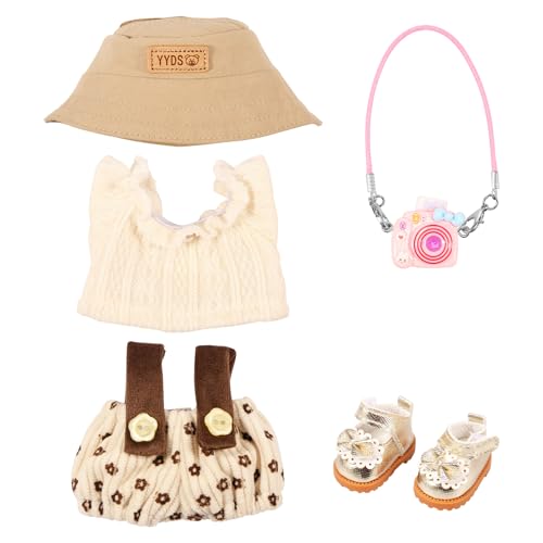 Puppenkleidung 17/15cm Kuscheltier Kleidung Outfit mit Oberteil Overall Hut Kamera Schuhen Geliefert Niedlich Plüschpuppen Kleidung 17cm für Mädchenpuppen Partys (Beige) von KEGAJEGA