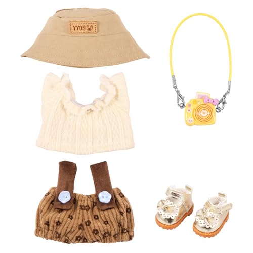 Puppenkleidung 17/15cm Kuscheltier Kleidung Outfit mit Oberteil Overall Hut Kamera Schuhen Geliefert Niedlich Plüschpuppen Kleidung 17cm für Mädchenpuppen Partys (Braun) von KEGAJEGA