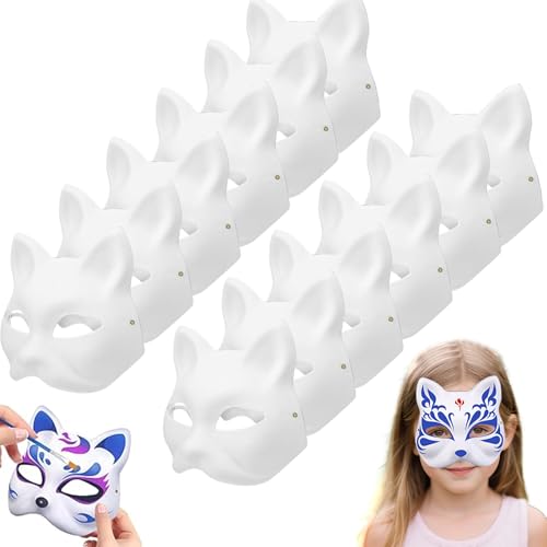 KEKECHAORAN 12 Stück Katzenmasken zum Bemalen,DIY Unbemalt Masken für Halloween, Karneval, Maskera Party Cosplay Therian Mask (FIG12) von KEKECHAORAN
