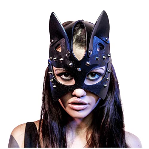 keland Damen Steam Punk Leder Katzenmaske mit Nieten Halloween Maskenball Bunny Maske Hasenmaske (Stil-007) von keland