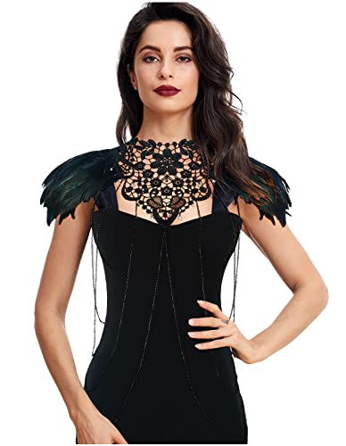 keland Feder Shrug Epauletten Cape Schal Steampunk Körperkette Schulterkette Harness für Frauen Burlesque Kostüm (Schwarz-001) von keland