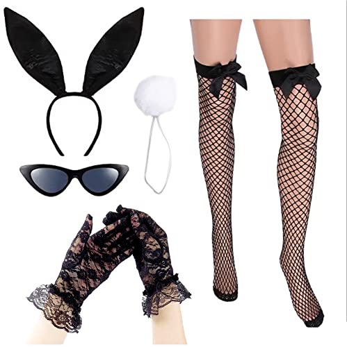 keland Sexy Bunny Hasen Kostüm Zubehör für Halloween Kostüm - Brille, Spitzen handschuhe, Strumpfhose, Hasenohren Haarreif, Plüschschwanz (Set-B) von keland