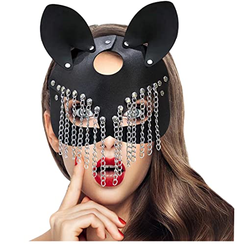 keland Halloween Karneval Cosplay Damen PU Leder Halbgesichts Maske Katze Ledermaske mit Ketten (Stil-001) von keland