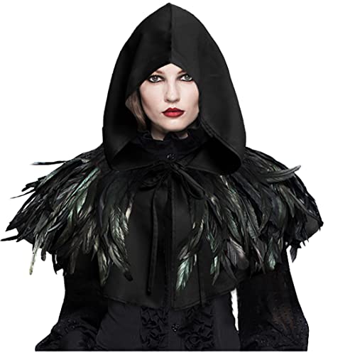 keland Unisex Halloween Kostüm Gothic Feder Cape Schal Stola und Mittelalter Gugel mit Kapuze (Schwarz-1) von keland