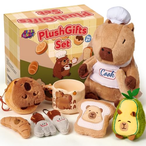 KELENO Capybara Kuscheltier Geschenkset, Chef Capibara Plüschtier mit Tasse & Geldbörse & Schlüsselanhänger, Capybara Sachen Geschenk für Kinder Mädchen Jungen Geburtstag Weihnachten von KELENO