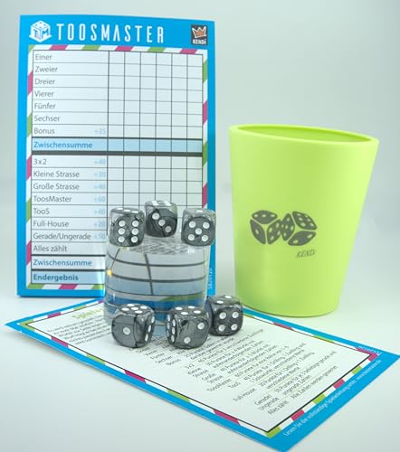 KENDi GAMES Würfelbecher aus Soft-Kunststoff – Apfelgrün – Print Good Luck – inkl. 6 Acryl-Würfel, Spielblock TOOSMASTER, Kurzanleitung & Wertetabelle – Würfelspiel-Set von KENDi GAMES