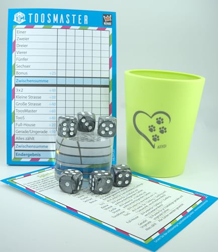 KENDi GAMES Würfelbecher aus Soft-Kunststoff – APFELGRÜN – Print PFOTENLIEBE – inkl. 6 Acryl-Würfel, Spielblock TOOSMASTER, Kurzanleitung & Wertetabelle – Würfelspiel-Set von KENDi GAMES