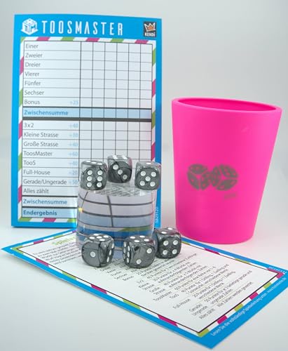 KENDi GAMES Würfelbecher aus Soft-Kunststoff - Pink - Print Good Luck - inkl. 6 Acryl-Würfel, Spielblock TOOSMASTER, Kurzanleitung & Wertetabelle – Würfelspiel-Set von KENDi GAMES