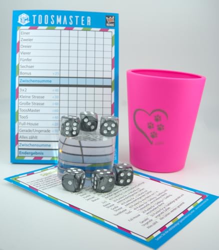 KENDi GAMES Würfelbecher aus Flexiblem Kunststoff (Aufdruck Tierpfoten) – Set inkl. 6 Kunststoffwürfel, Spielblock TOOSMASTER, Spielanleitung von KENDi GAMES