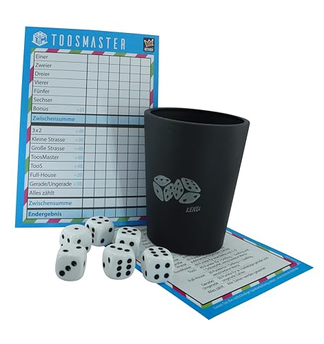 KENDi GAMES Würfelbecher aus Soft-Kunststoff – Schwarz – Print Good Luck – inkl. 6 Acryl-Würfel, Spielblock TOOSMASTER, Kurzanleitung & Wertetabelle – Würfelspiel-Set von KENDi GAMES