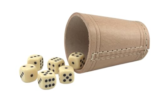 KENDi GAMES Qualitäts Würfelbecher - echt Leder - Höhe 9 cm - Durchmesser 7cm - mit 6 elfenbeinfarbigen Würfeln und Kurzanleitung von KENDi GAMES