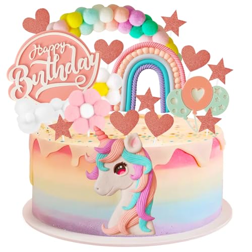 KENPOJO Einhorn Deko Kindergeburtstag, 18 Stück Einhorn Tortendeko Mädchen, Regenbogen Wolke Ballon Cake Topper Geburtstag Happy Birthday Dekoration für Kinder, Kuchen Topper Set für Kinder Mädchen von KENPOJO