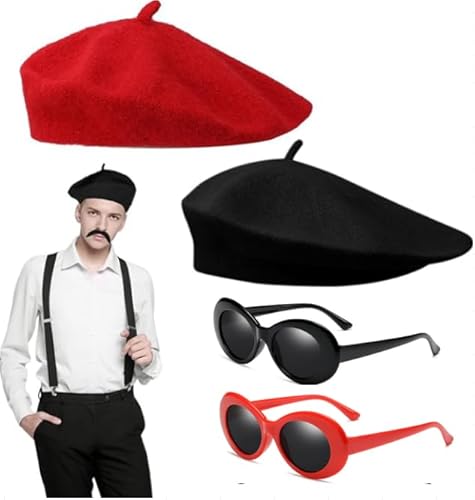 KEORHEZ 4 Stück Baskenmütze Set,baskenmütze Herren und Frauen damen,Passende Sonnenbrille,Rockabilly Accessoires Damen,Barett Herren,Cosplay-Festival-Styling KEORHEZ 4 Stück Baskenmütze Set,baskenmütze Herren und Frauen damen,Passende Sonnenbrille,Rockabilly Accessoires Damen,Barett Herren,Cosplay-Festival-Styling von KEORHEZ