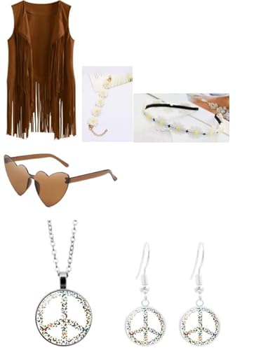 KEORHEZ 6 Stück Hippie Kleidung Damen,Western Outfit Damen,60er 70er Jahre Outfit,Fransen ärmellos Weste Hippie Kleidung Mit Accessoires,Faschingskostüme von KEORHEZ