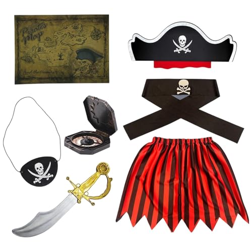 Piratenkostüm Kinder, Piratenkostüm Mädchen-Set 7-Teilig, Piratenhut Kinder, Pirate Hat, Einen Gürtel, Piraten Schwert, Schatzkarte und Kompass, für Mädchen Halloween Karneval Fasching Mottoparty von KEORHEZ