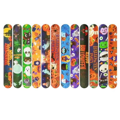 KEQAR 12 Stück Halloween Slap Armbänder mit Kürbis, Geist, Spinnen, Fledermaus und Skelett-Designs für Kinder-Party-Taschen-Füller, Party-Bevorzugungen, Halloween-Spielzeug von KEQAR