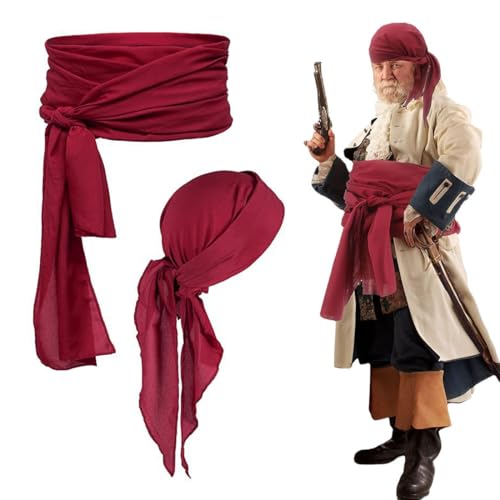 KEQAR Piraten Accessoires Set, Piraten Stirnband Taillengürtel, Piratenkapitän Mittelalterliche Große Schärpe, Wüste Prinz Schärpe, Piraten Kopftuch Bandanas von KEQAR