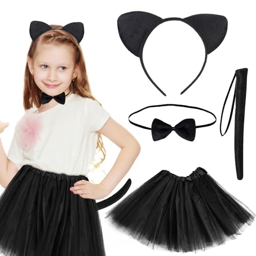 KERANEET Katzen Cosplay Kostüm Katzenkostüm Set Kinder Katze Ohren Stirnband Schwarz Katzen Kostüm mit Tutu Rock Head Buckle Bow Tie Tail für Party Karneval Fasching Rollenspiele (B) von KERANEET