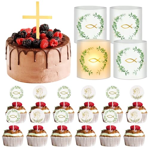 24 Stück Cake Topper Taufe Tortendeko Taufe Mädchen Junge Kuchen Deko Taufe Muffin Deko Kommunion Kreu Windlicht für Taufe Deko Geburtstage Kuchen Dessertdeko von KERANEET