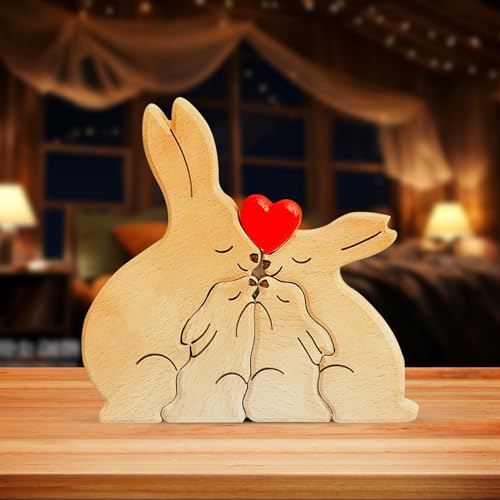 KERANEET Personalisiertes Holzkunstpuzzle kaninchenfamilie Holz kunstpuzzle aus Holz Skulpturen Home Tischdekoration Geschenk Ornament Tischdekoration Ideen für Weihnachts Jubiläum Geburtstag(4Stück) von KERANEET