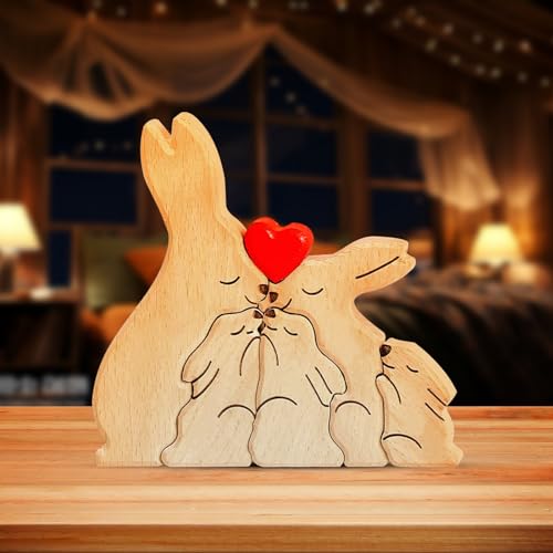 KERANEET Personalisiertes Holzkunstpuzzle der kaninchenfamilie Holz Skulpturen Home holzkunstpuzzle der Bunny Familie Geschenk Ornament Tischdekoration für Weihnachts Jubiläum Geburtstag（5 Stück） von KERANEET