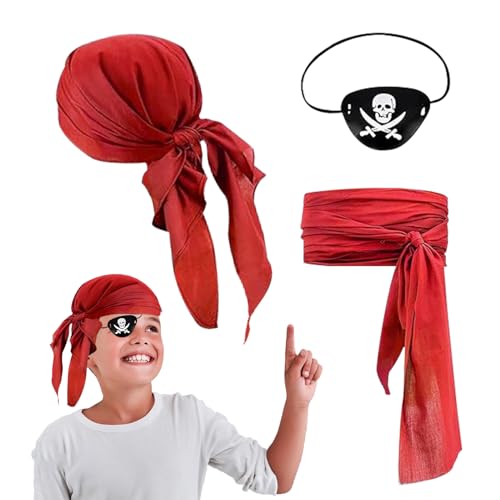 KERANEET 3 Stück Piraten Kostüm Zubehör Set Piratenkostüm Augenklappe Pirat Kinder Vintage Piraten Accessoires Piraten Kopftuch Kinder Augenklappe Pirat Schärpe Piraten für Karneval Party von KERANEET