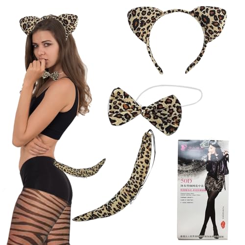 KERANEET 4-teiliges Leoparden Kostüm Set: Damen Leoparden Ohren Tierkostüm mit Leopardenmuster Stirnbänder, Schwanz, Fliege & Socken für Karneval, Halloween & Partys von KERANEET