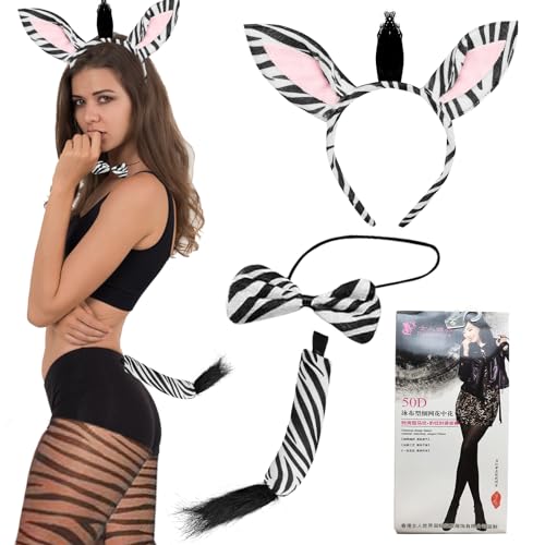 KERANEET Tier Kostüm Set Tierohren Stirnband, Ohren Stirnband Set Ohren Haarreifen Schwanzzubehör für Kinder und Erwachsene Halloween Karnevalsparty verkleiden sich (Zebra) von KERANEET