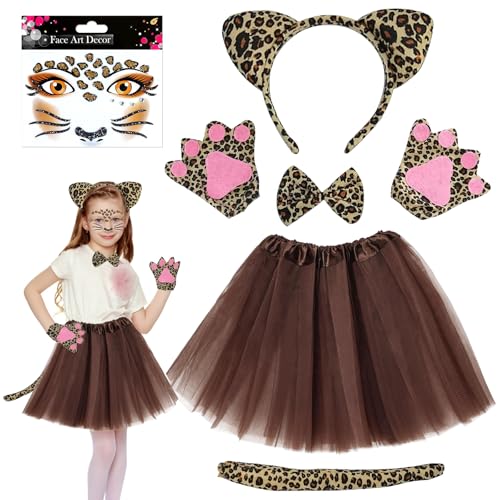 KERANEET 6 Stück Leopard Kostüm Set für Kinder - Tierkostüm Mädchen Faschingskostüme Karneval Fasching von KERANEET