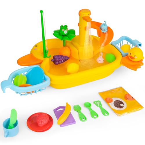 Küchenspüle Spielzeug Set mit Wasser-Recycling Wasserhahn und Waschbecken,Geschirr Set, mit Obst-Schneiden für Kinder ab 3 Jahre für Pool/Garten/Strand Sommer Outdoor Geschenk von KERCAMKEL