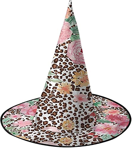 KEROTA Aquarell-Rosa Blume auf Leoparden-Hintergrund, Halloween-Dekoration, Zauberhut, Hexenhut für Party, Maskerade, Cosplay, Kostümzubehör von KEROTA