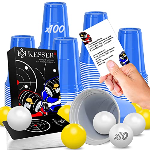 KESSER® Bierpong-Set mit Kartenset, 100 Becher (473ml), 10 Bällen und 54 Karten - Trinkspiele Partybecher Sets für Erwachsene, ideal für Feiern, Geburtstage und Hochzeiten von KESSER