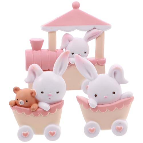 KESYOO 3St. Kaninchen Figur Miniature mit Mini Zug Hase Statue Kuchen Topper Tierfigur Dekofigur für Balkon Fee Garten Ornament Neujahr Geburtstag Ostern Party Tischdeko Tortendeko Rosa Weiß von KESYOO