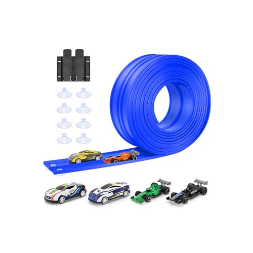 Autorennbahn 5M Inklusive 4 Autos: KETIEE Flexible Rennstrecke Auto Rennbahn Spielzeug Autobahn Kinder Rollt Auf Tragbare Dual Rennstrecke Rampen für Hot Wheels Bahn 1/64th Autos für Alter 3+, Blau von KETIEE