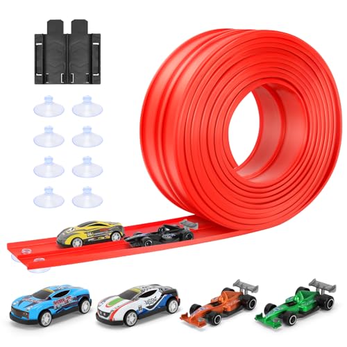 Autorennbahn 5M Inklusive 4 Autos: KETIEE Flexible Rennstrecke Auto Rennbahn Spielzeug Autobahn Kinder Rollt Auf Tragbare Dual Rennstrecke Rampen für Hot Wheels Bahn 1/64th Autos für Alter 3+, Rot von KETIEE