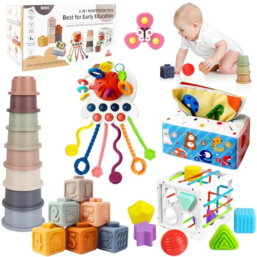 KETIEE Montessori Baby Spielzeug 6-9 Monate - 6 in 1 Sensorik Motorikspielzeug Mit Stapelturm, UFO, Zugschnur, Motorikwürfel, Taschentuchbox Und Saugnapf von KETIEE