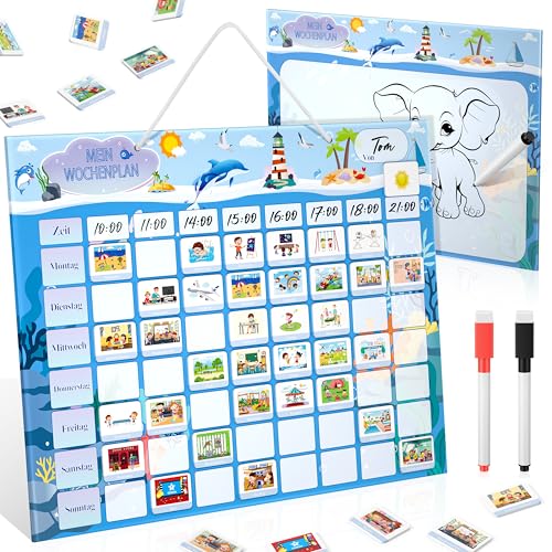 Wochenplaner Kinder - KETIEE Montessori Magnettafel Kinder 216 Magnete [inkl. Wetter, Jahreszeiten, Zeiten] - Wochenplan abwischbar magnetisch To Do Liste Kinder, Tagesplan Kinder Routine von KETIEE